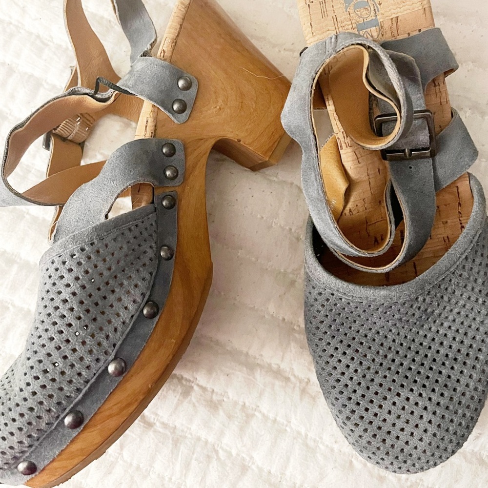 Blue suede clogs